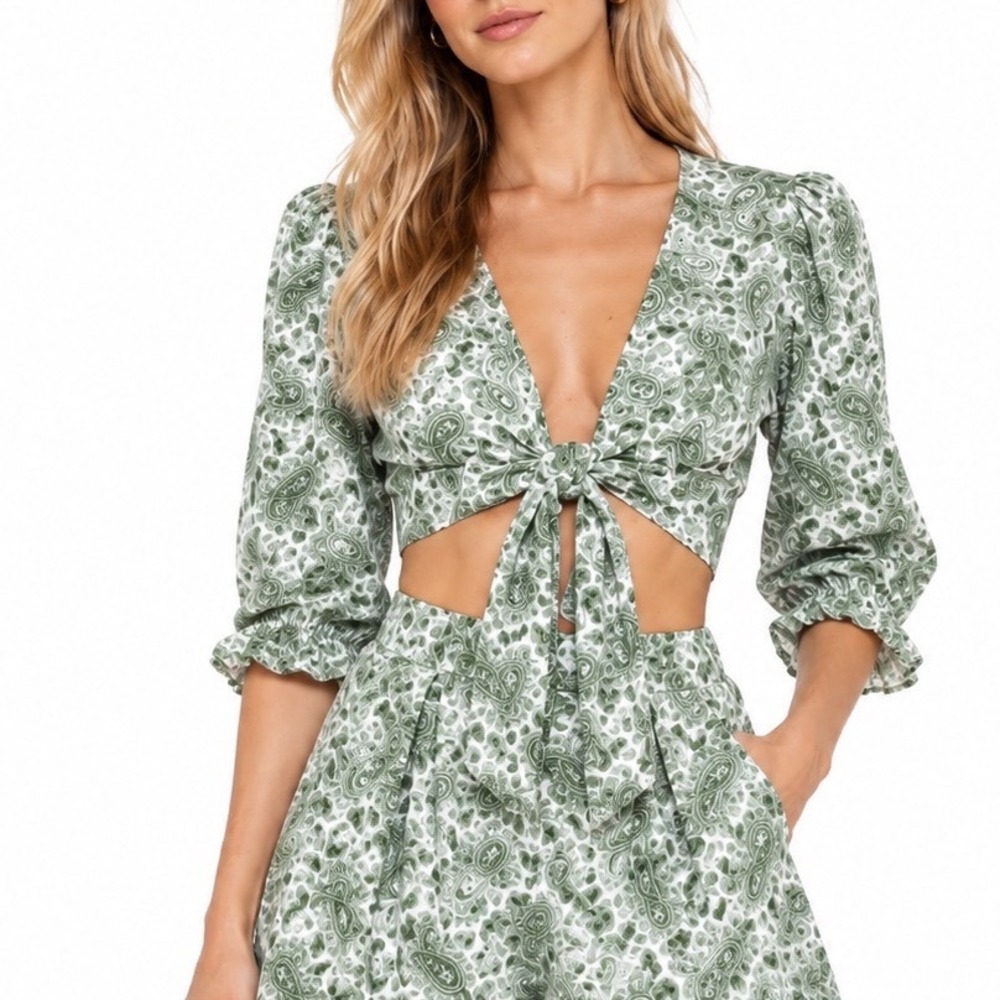 Faithfull the Brand Jacinta Top XS Green Paisley Boho Tie Front Crop Top